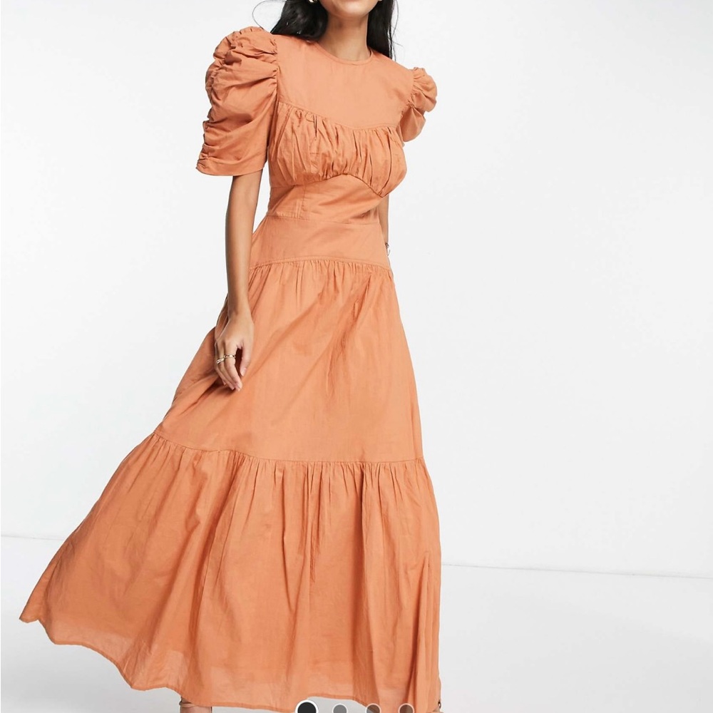 Orange Ruched Puff Sleeve Maxi Dress